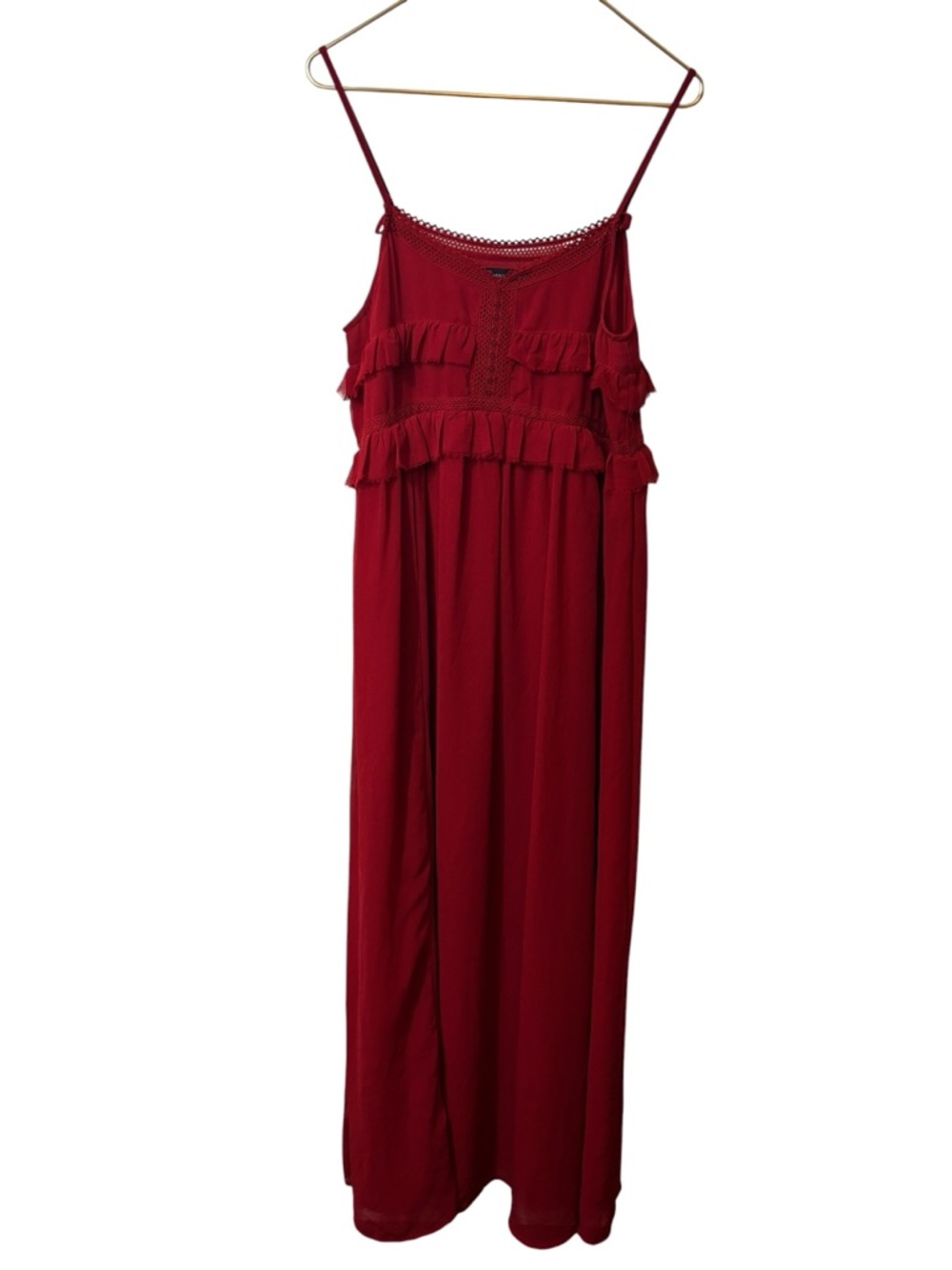 Mango Burgundy Ruffle Maxi Dress with Crochet Yoke large 8 MNG